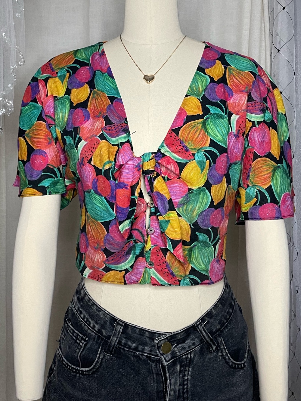 🍉Zara - Fruit Salad Print Tie-Front Crop Top Multicolor Size XS